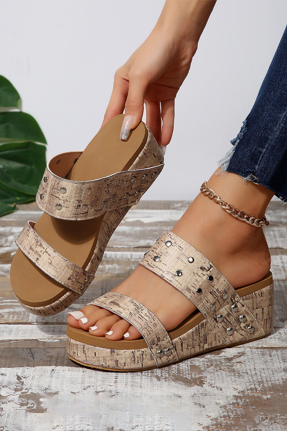 Camel Rivet Double Straps Wedge Sandal