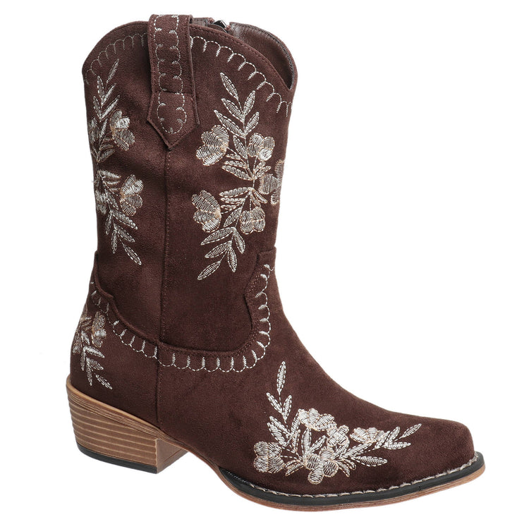 Brown suede western boot with cream floral embroidery