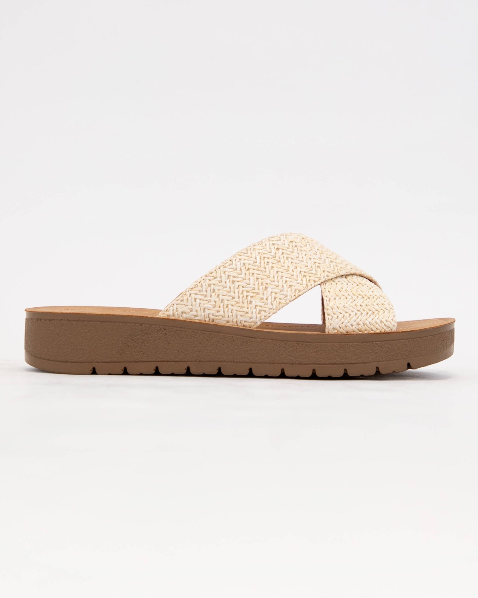 LUCY LIGHT-WEIGHT WEDGE PLATFORM CROSS STRAP SLIDE SANDAL