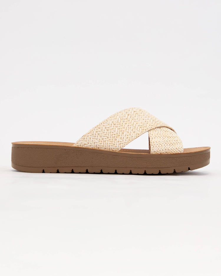LUCY LIGHT-WEIGHT WEDGE PLATFORM CROSS STRAP SLIDE SANDAL