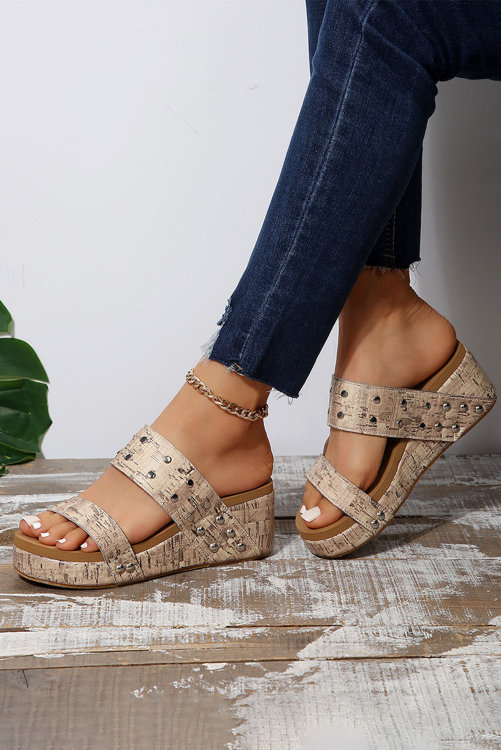 Camel Rivet Double Straps Wedge Sandal