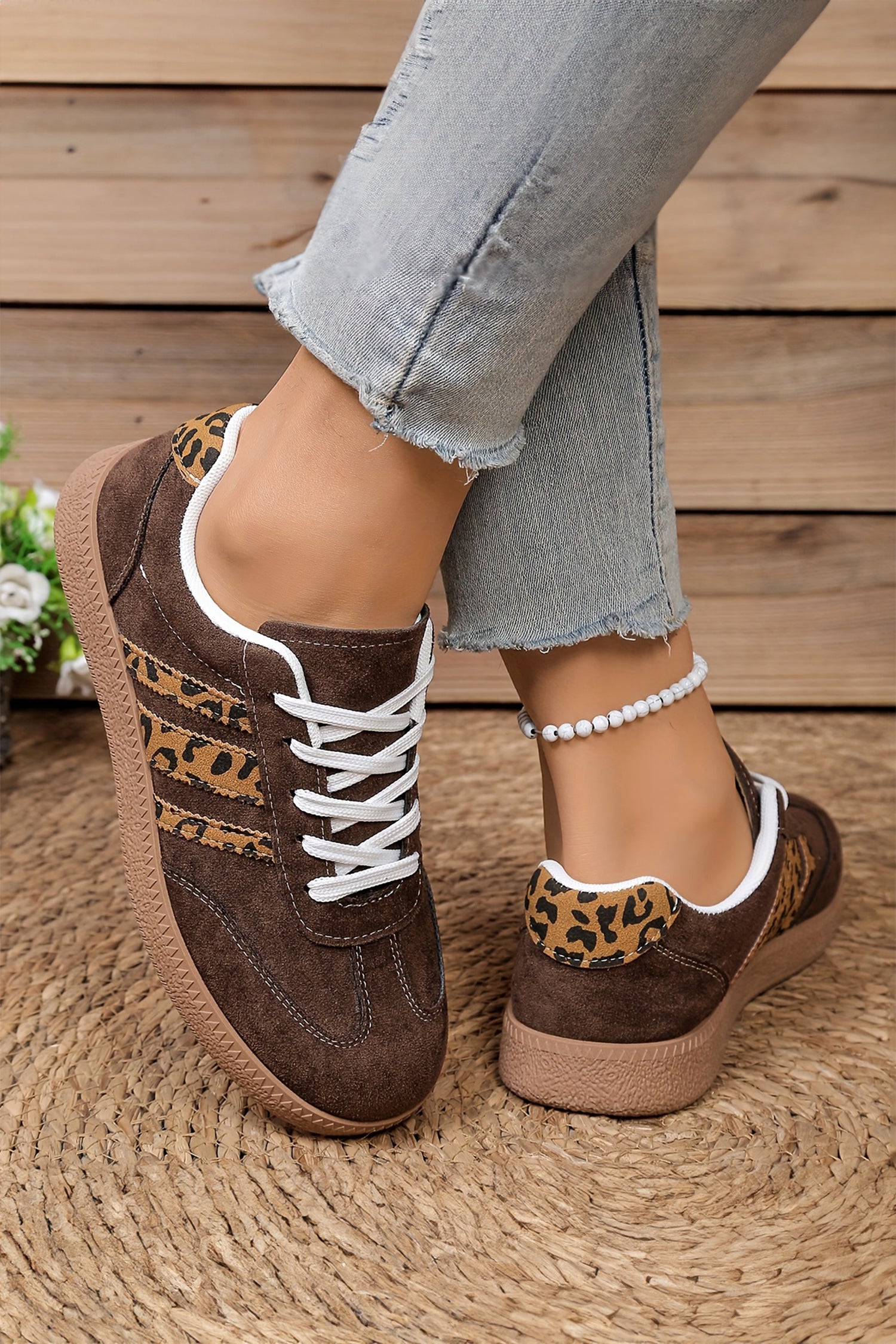 Coffee Contrast Lace-up Leopard Suede Sneaker