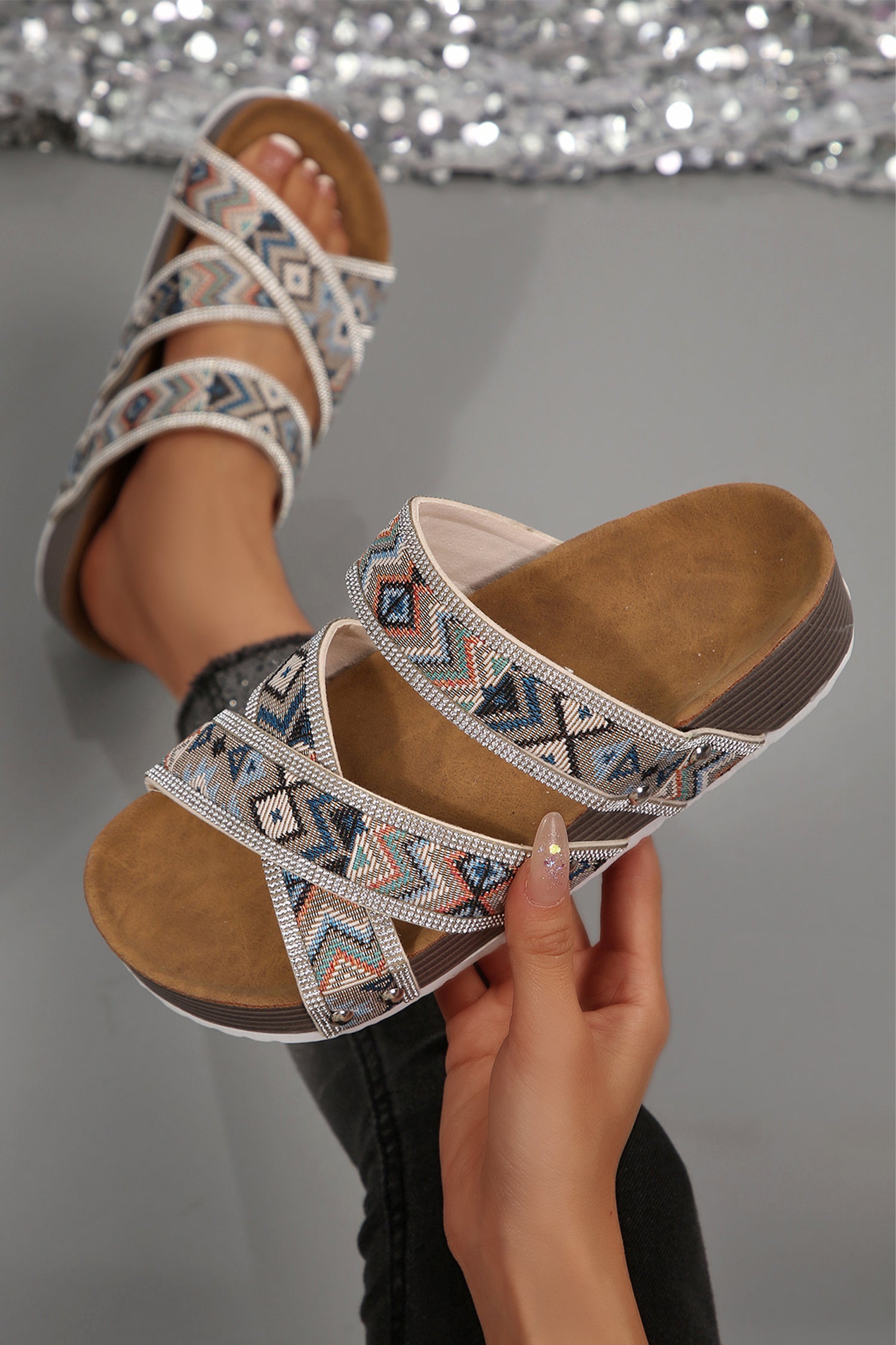 Rhinestone Embellished Strappy Hollowed Platform Sandals