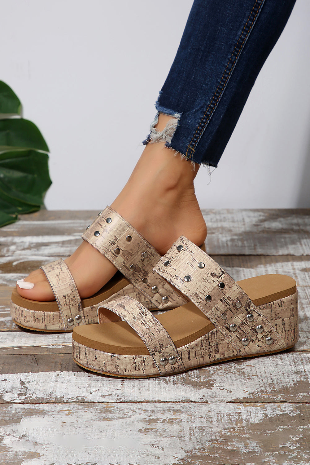 Camel Rivet Double Straps Wedge Sandal