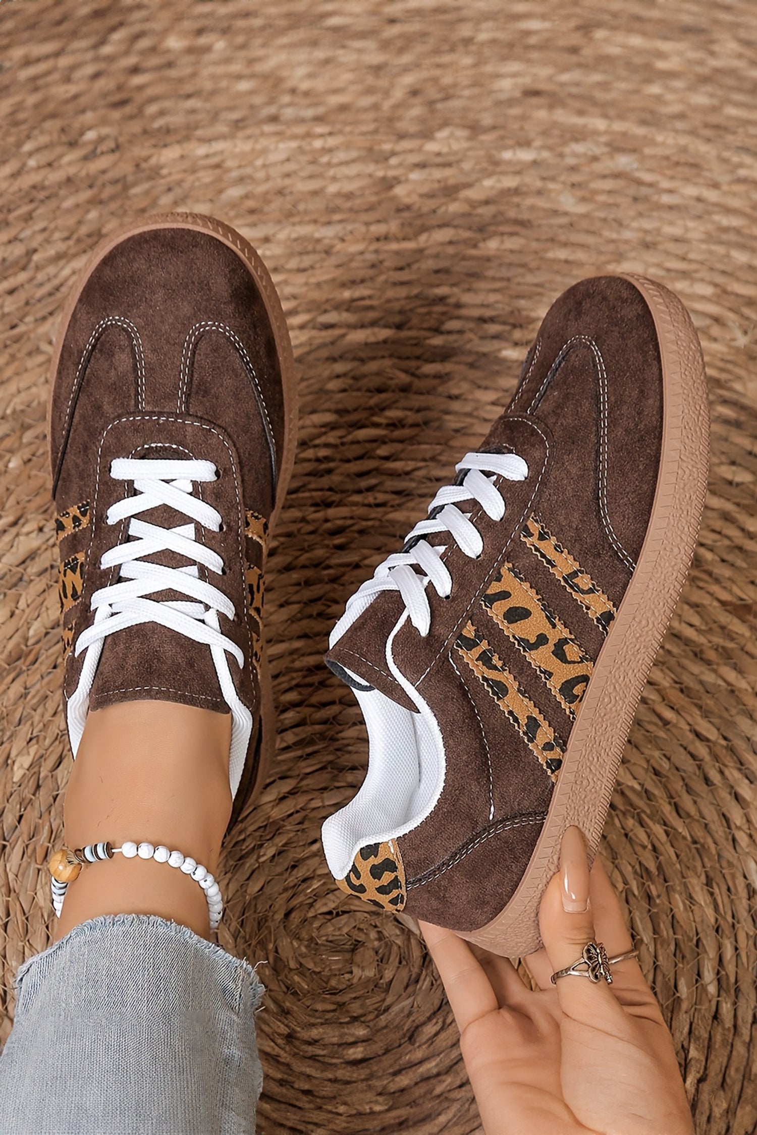 Coffee Contrast Lace-up Leopard Suede Sneaker