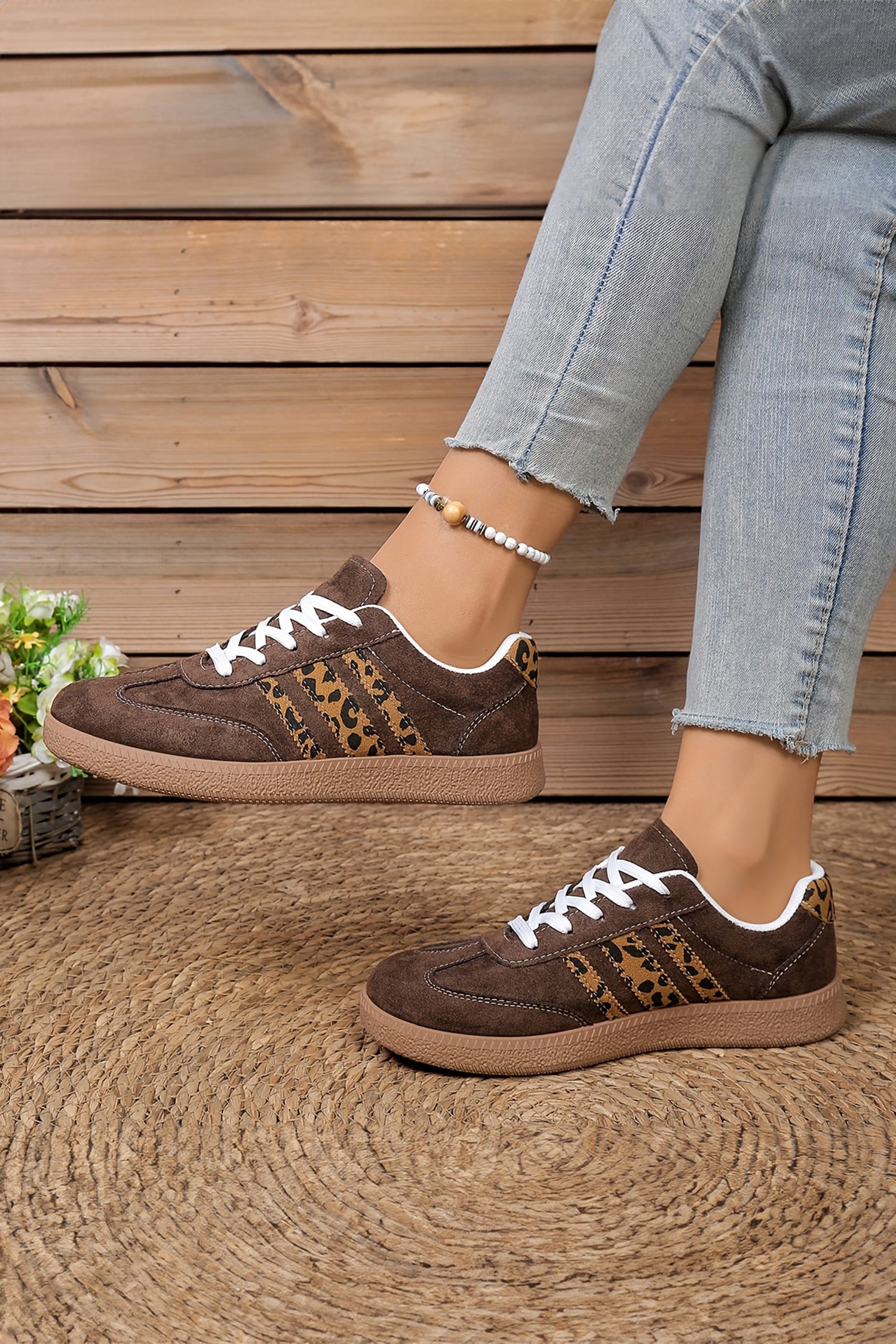 Coffee Contrast Lace-up Leopard Suede Sneaker