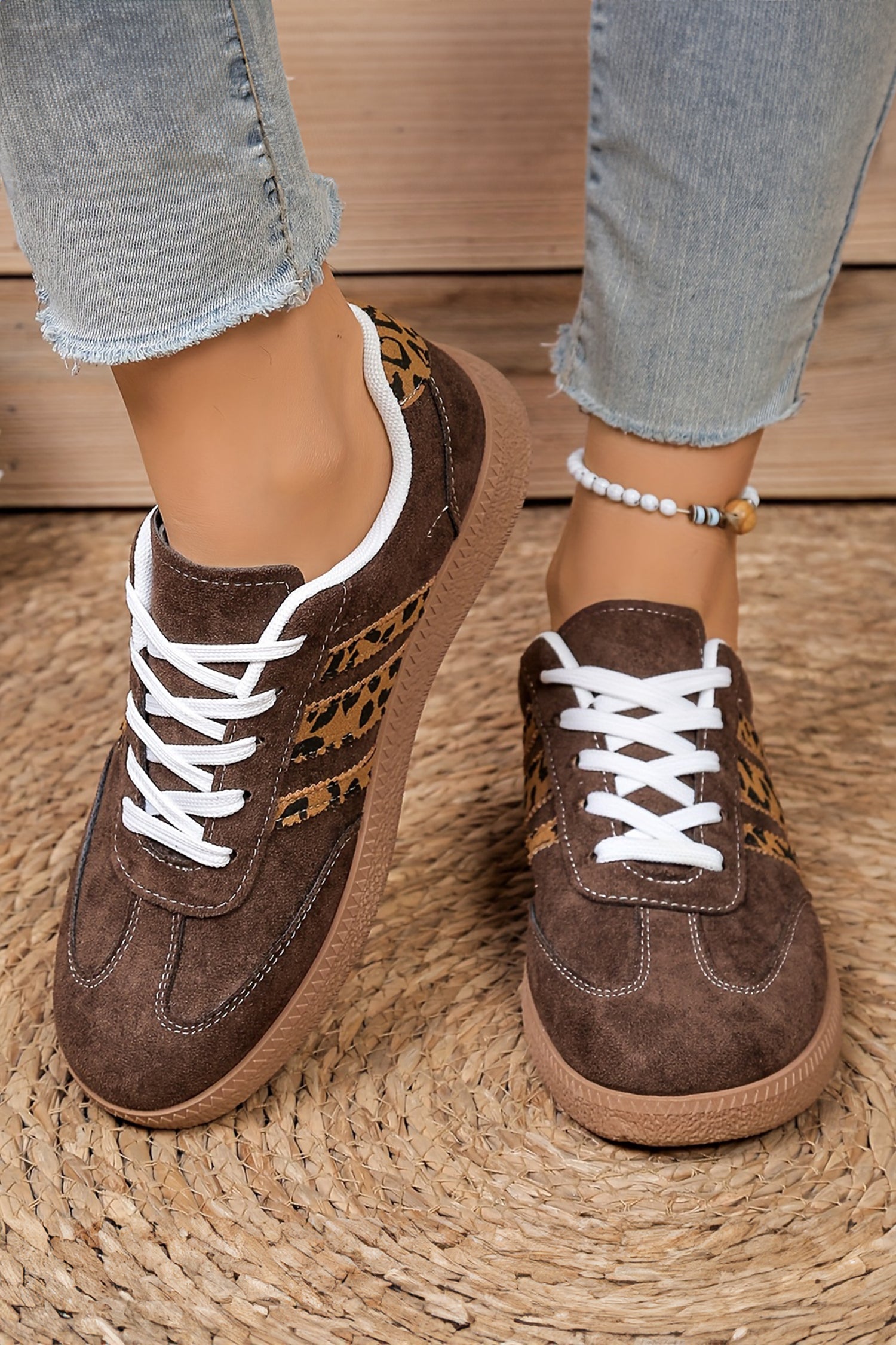 Coffee Contrast Lace-up Leopard Suede Sneaker