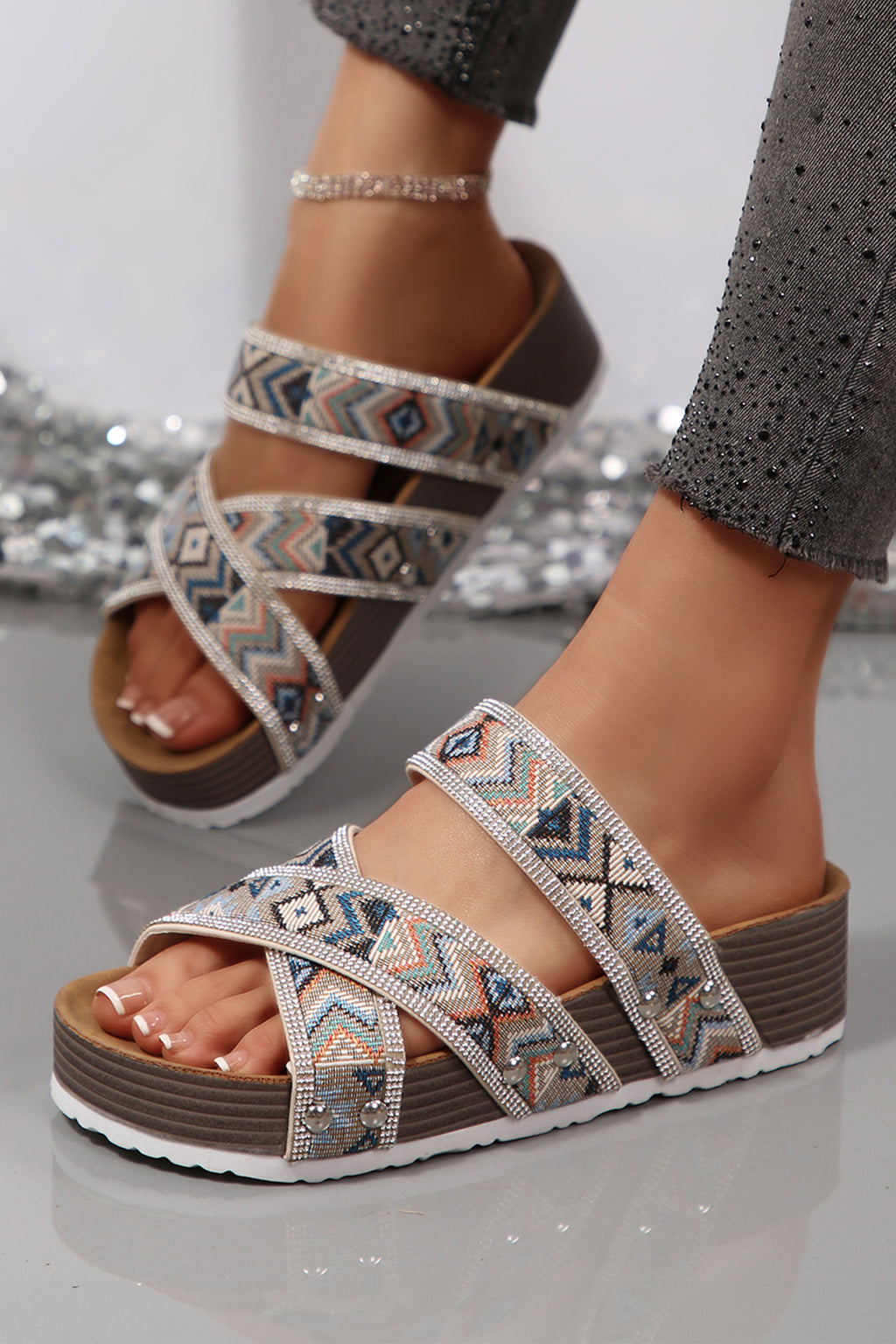 Rhinestone Embellished Strappy Hollowed Platform Sandals