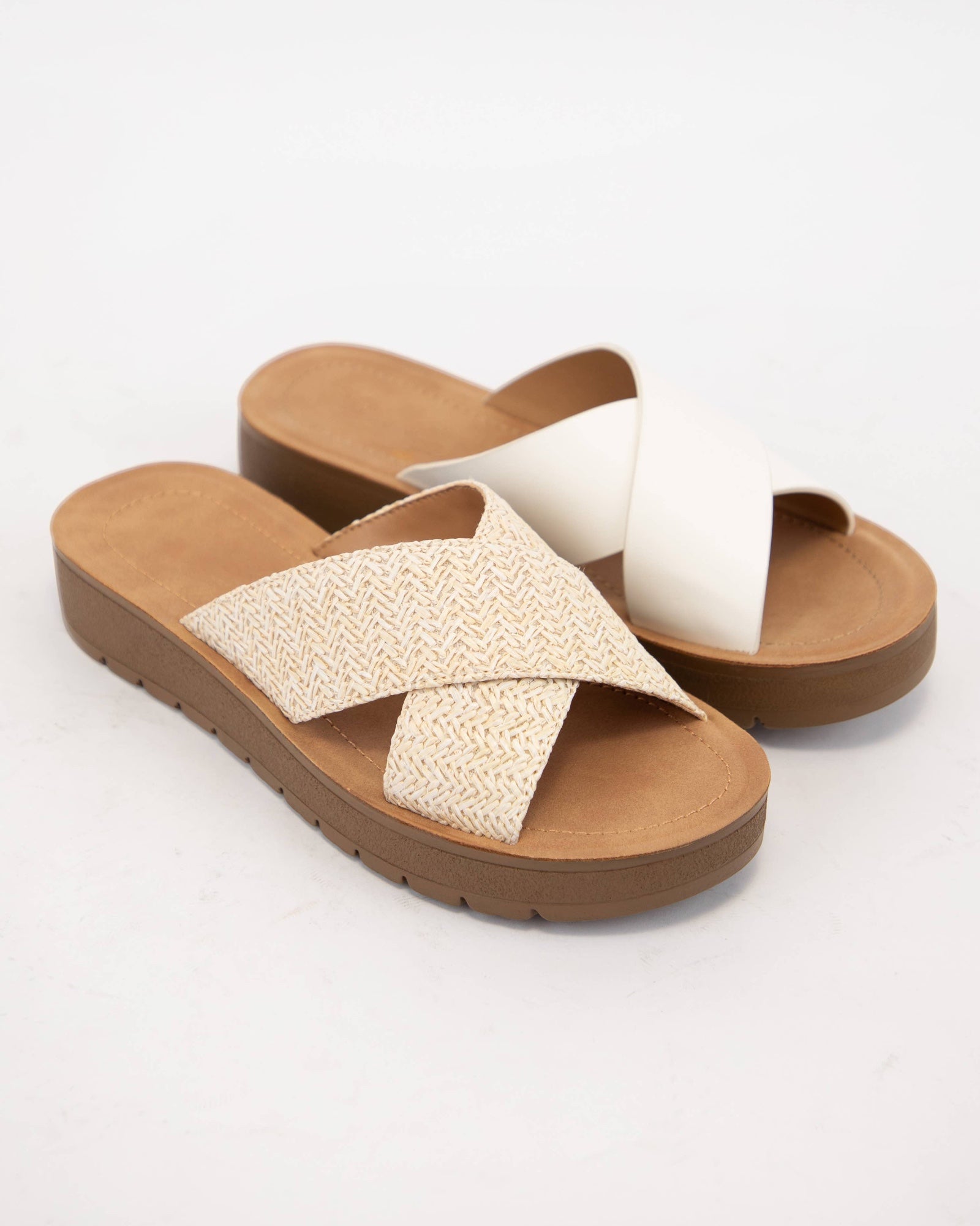 LUCY LIGHT-WEIGHT WEDGE PLATFORM CROSS STRAP SLIDE SANDAL