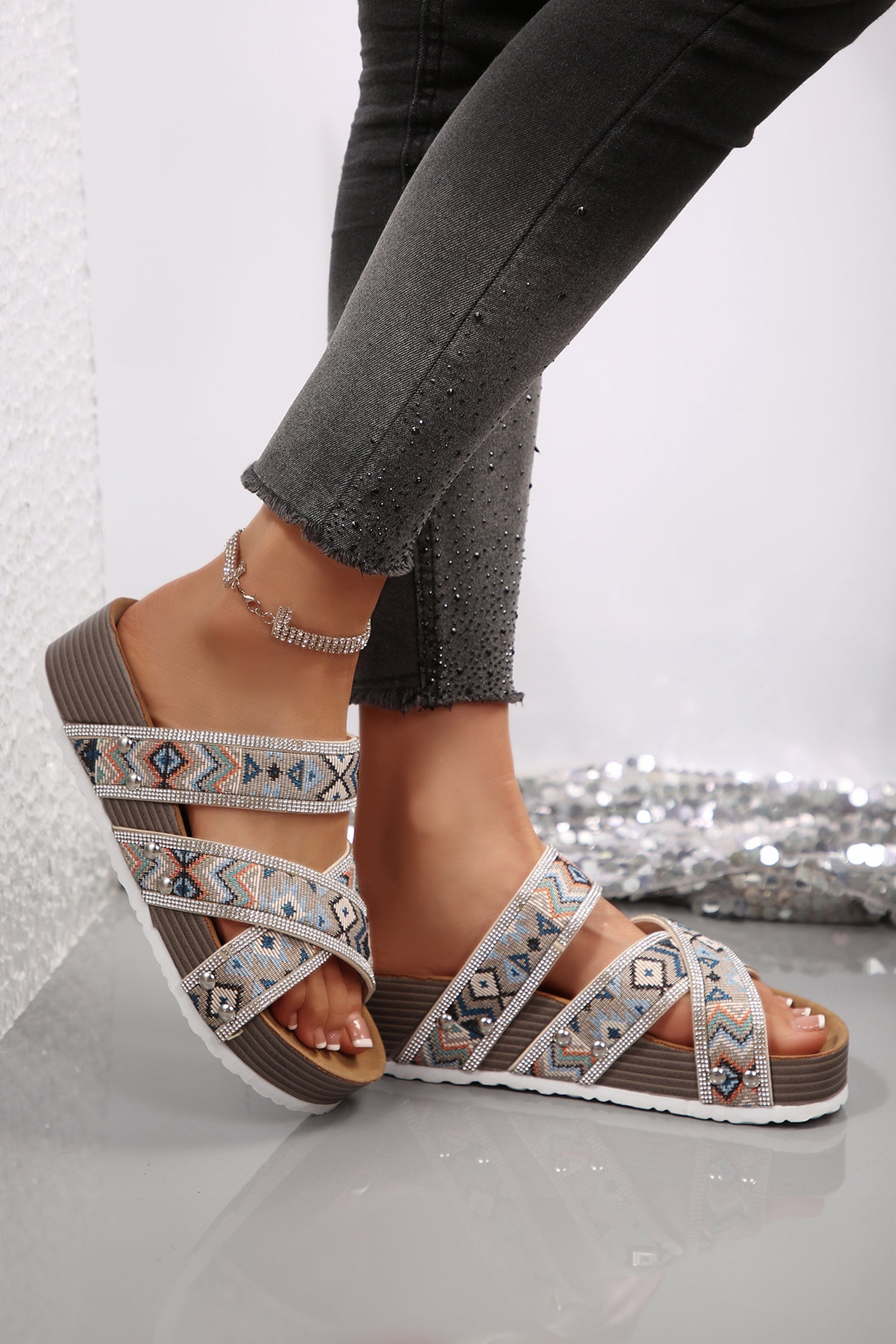 Rhinestone Embellished Strappy Hollowed Platform Sandals
