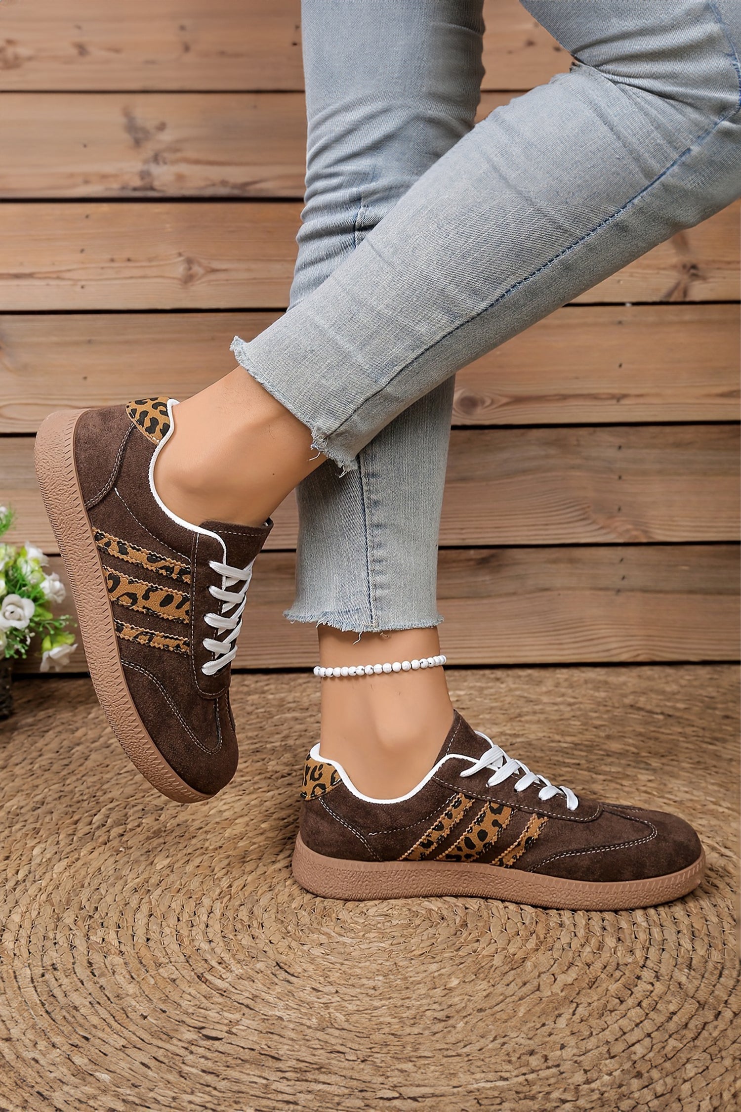 Coffee Contrast Lace-up Leopard Suede Sneaker