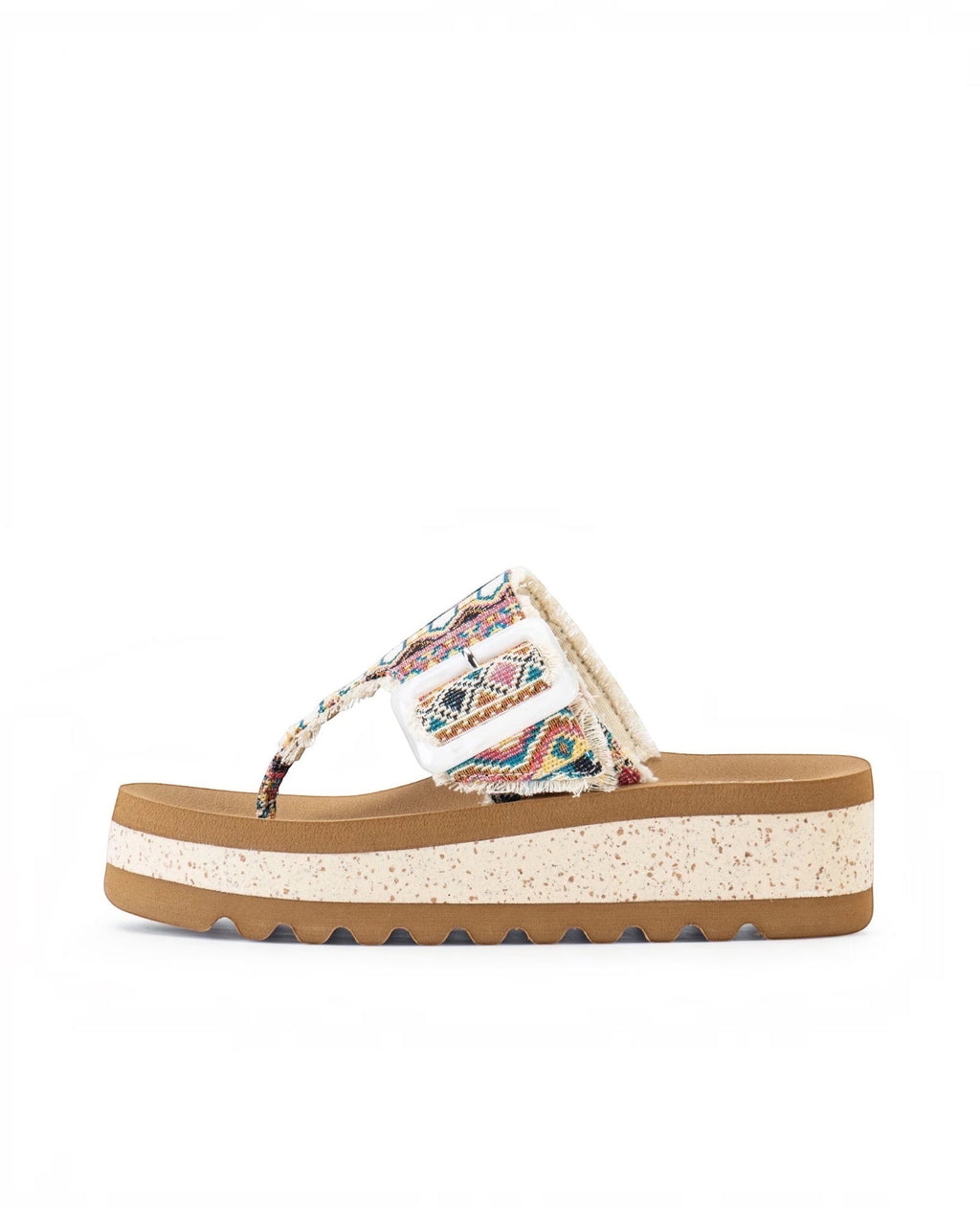 Heel Yeah Boutique Carlow wedge thong sandals featuring a colorful patterned microfiber strap and white buckle.