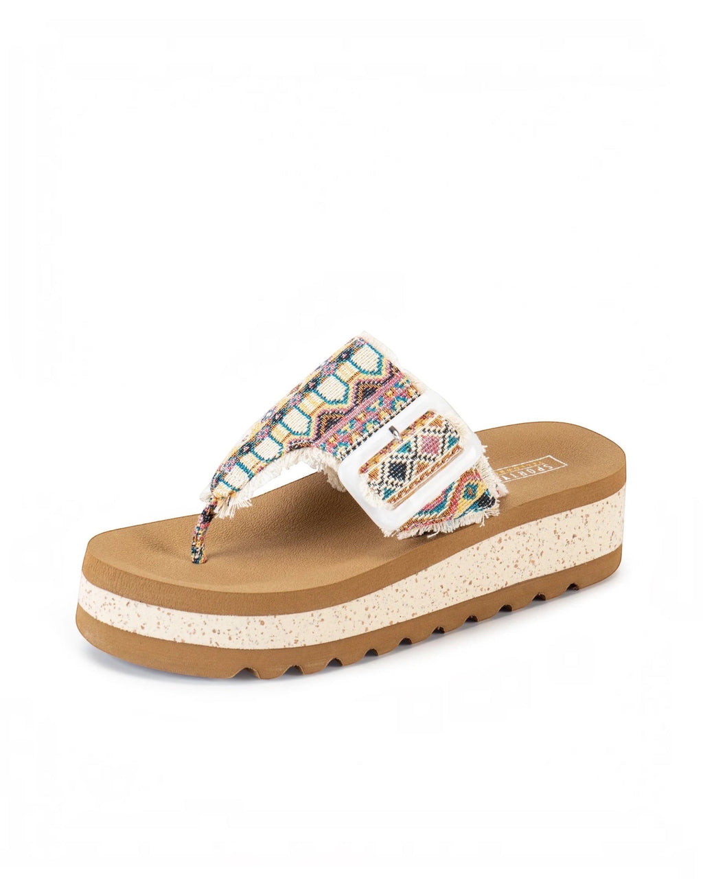 Heel Yeah Boutique Carlow wedge thong sandals featuring a colorful patterned microfiber strap and cork-style platform.