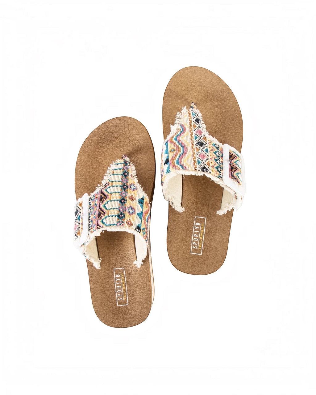 Heel Yeah Boutique Carlow wedge thong sandals featuring a colorful patterned microfiber strap with frayed edges.