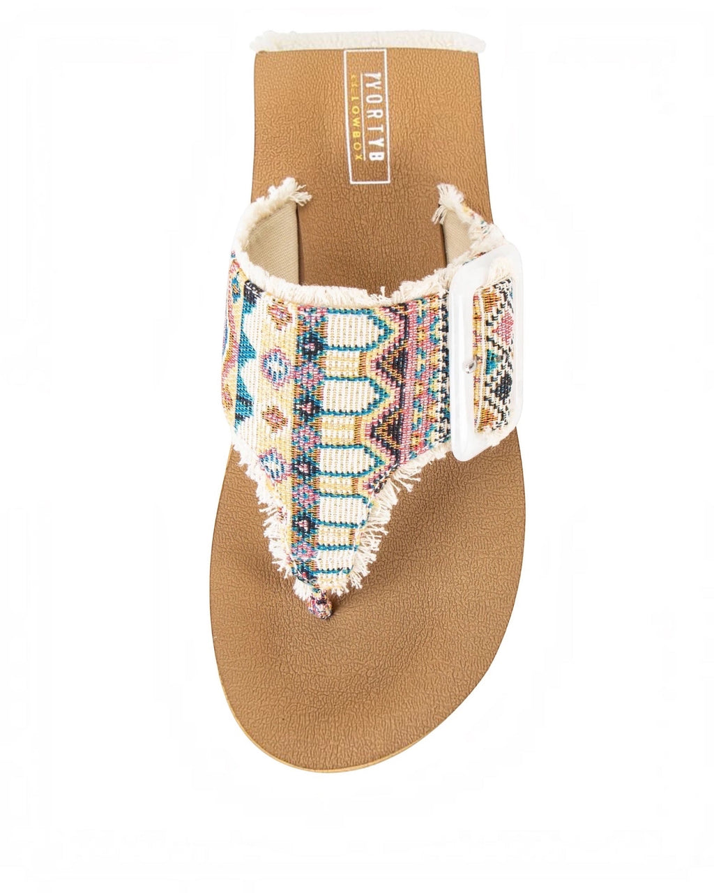 Heel Yeah Boutique Carlow wedge thong sandals featuring a colorful patterned microfiber strap with frayed edges.