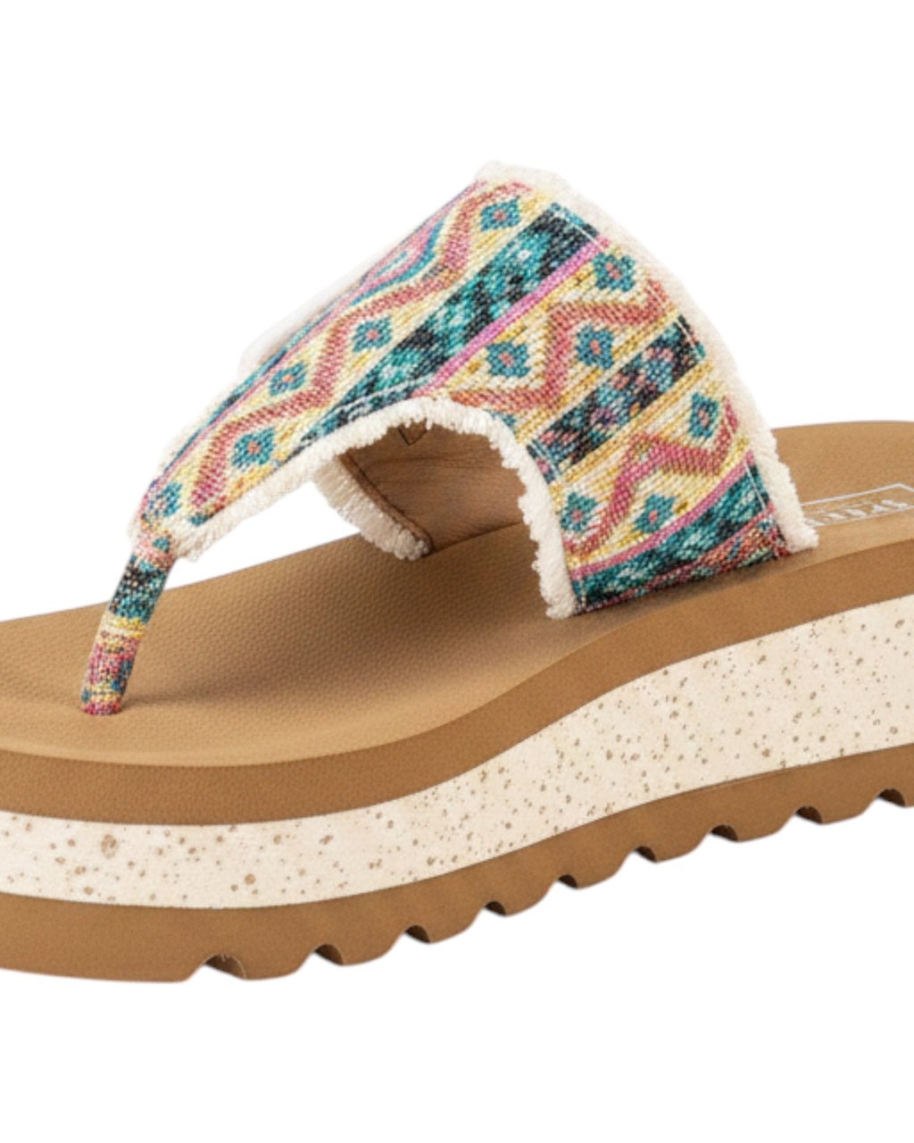 Heel Yeah Boutique Carlow wedge thong sandals with multi-colored woven fabric, frayed edges, and speckled platform.
