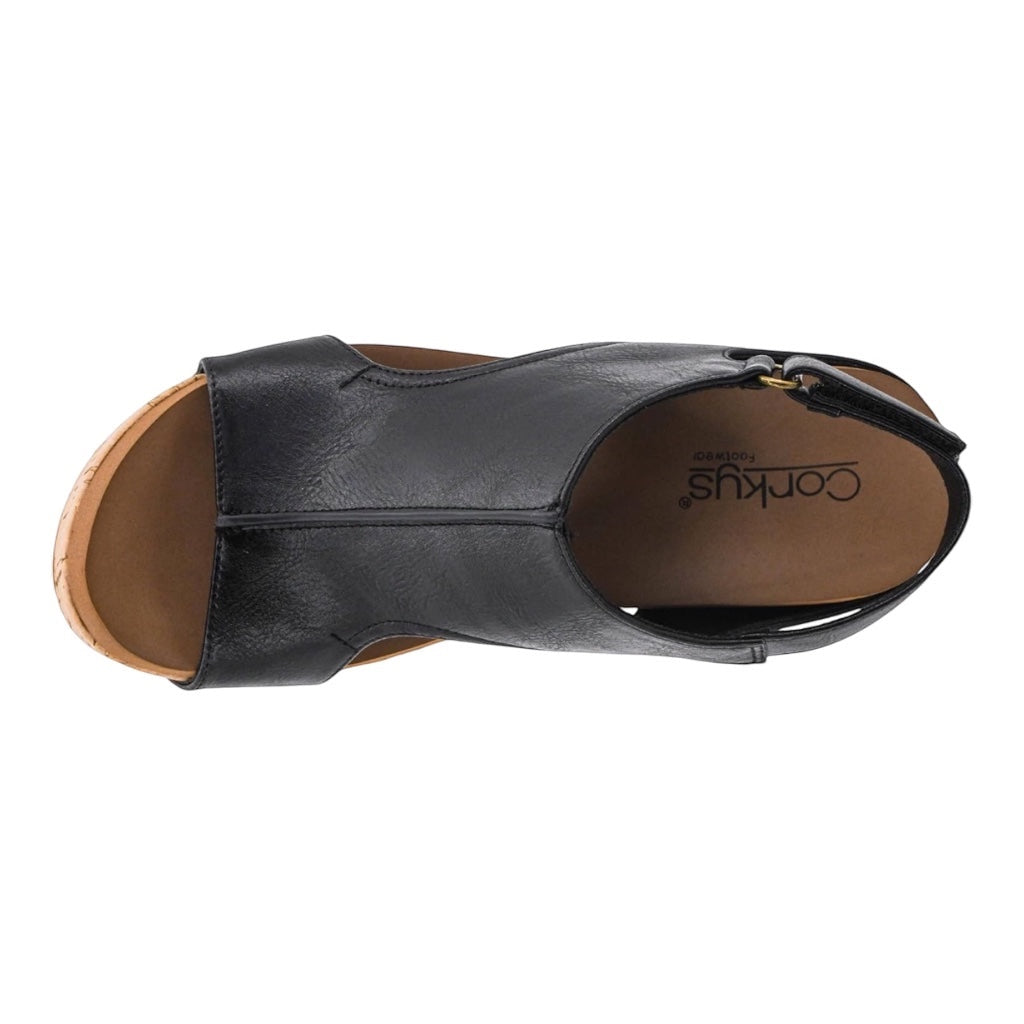 Heel Yeah Boutique Corky's Carly black leather wedge sandal with a cushioned footbed and open-toe design