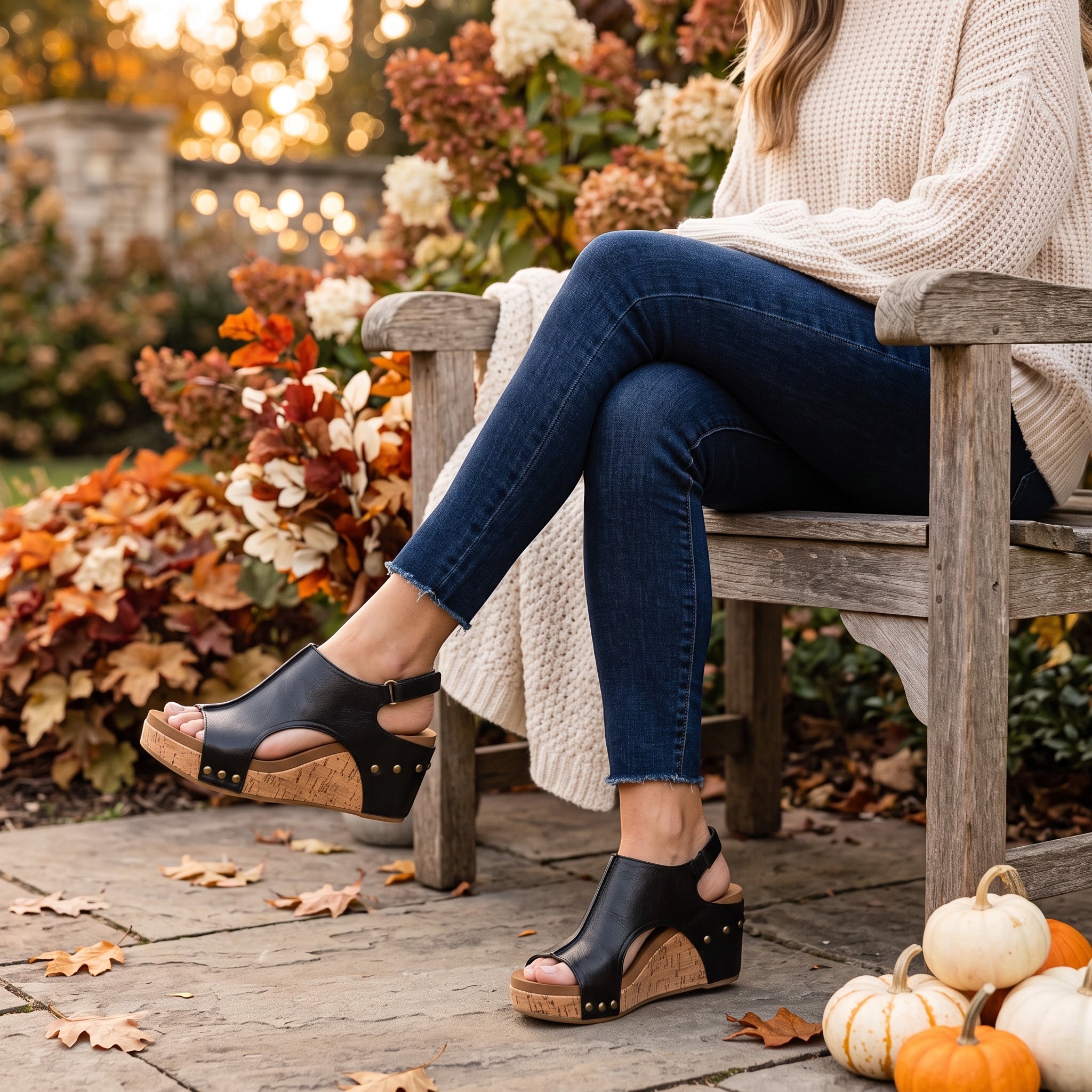 Heel Yeah Boutique Carly wedge sandals in black leather with cork platform, worn by a woman in a fall garden setting.