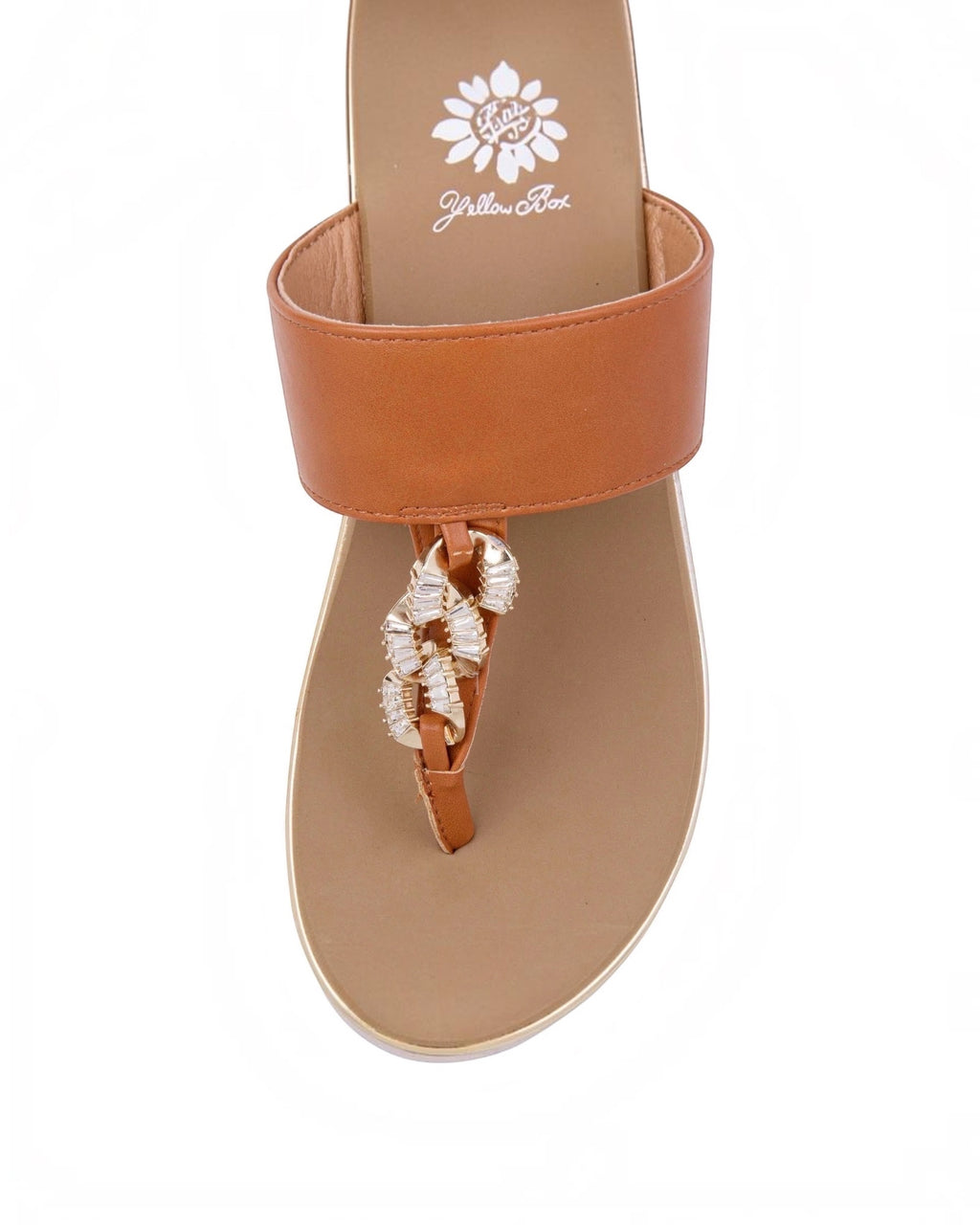 Heel Yeah Boutique tan platform thong sandals with crystal-embellished chain detail and cushioned footbed.