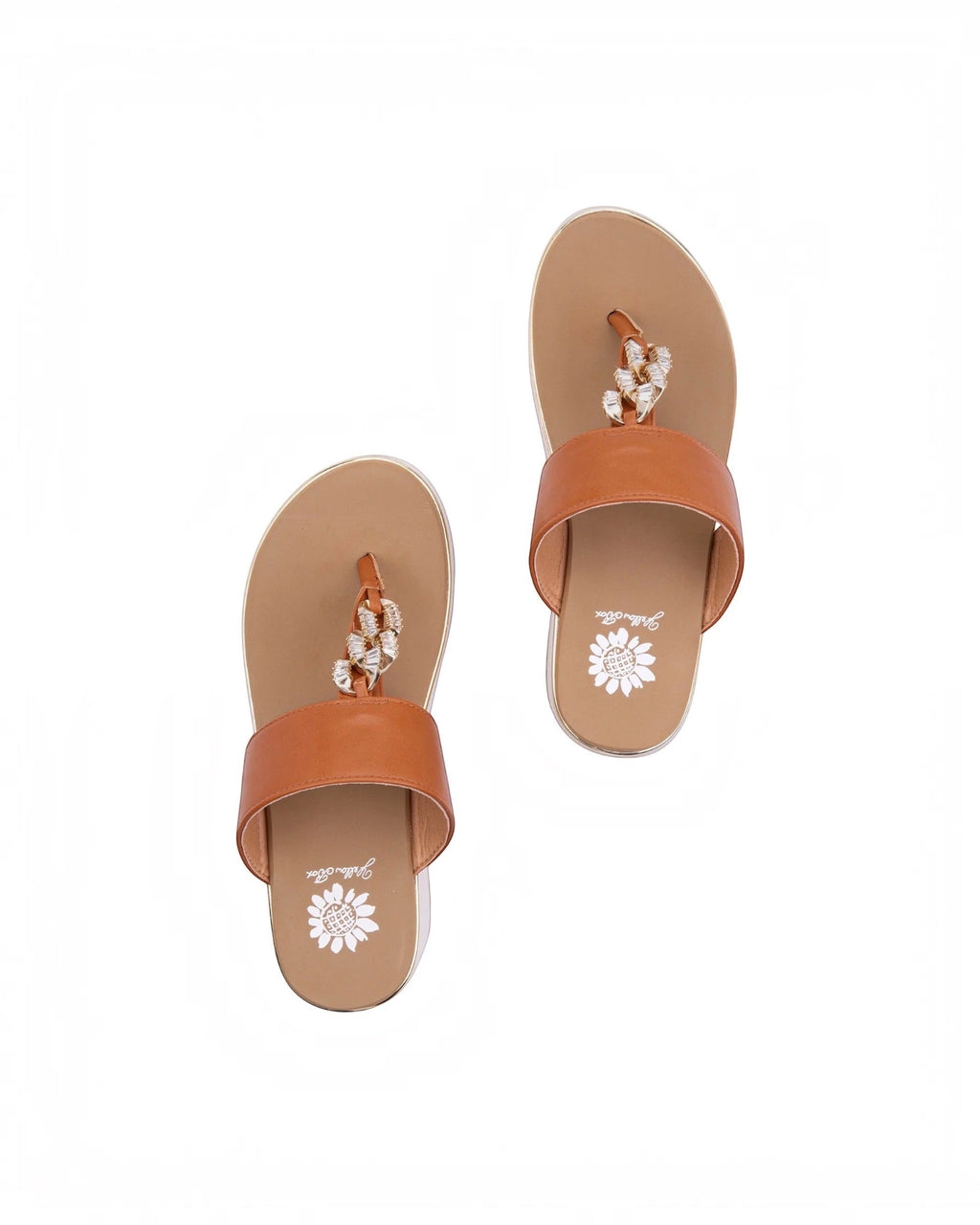 Heel Yeah Boutique tan platform thong sandals with crystal-embellished chain detail and cushioned footbed.