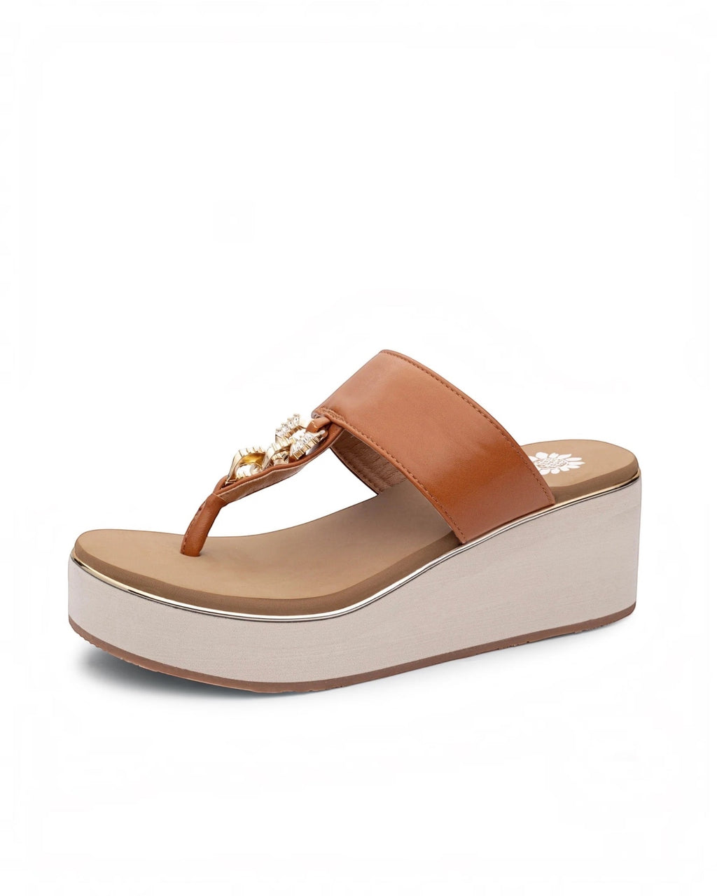 Heel Yeah Boutique Darcy tan platform thong sandals with crystal-embellished chain detail and cushioned footbed.