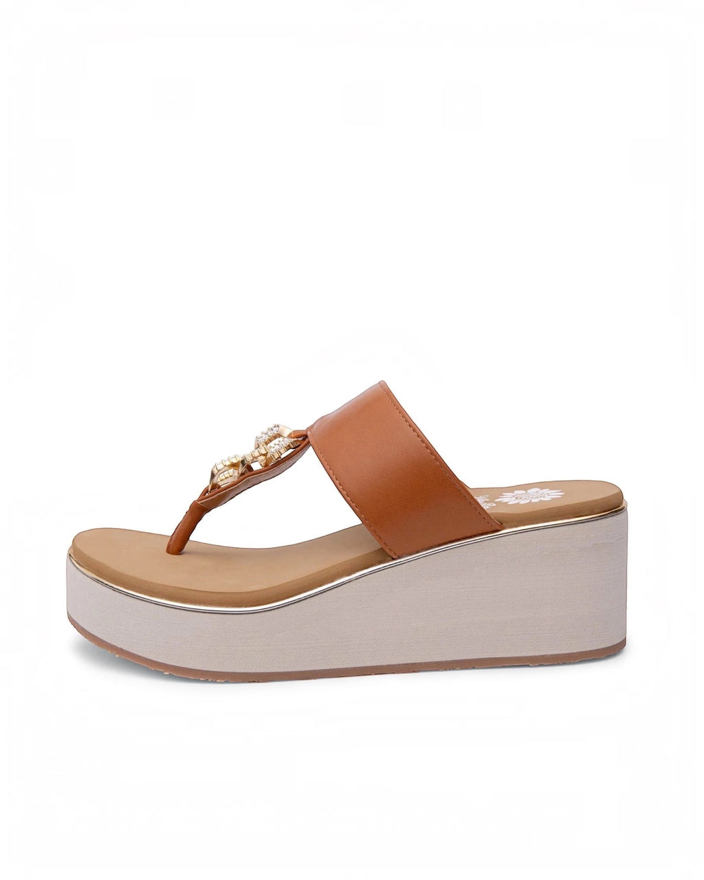Heel Yeah Boutique Darcy tan platform thong sandals with crystal-embellished chain detail and cushioned footbed.