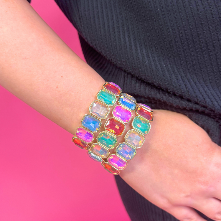 Heel Yeah Boutique Fall Giselle beaded bracelet featuring iridescent rectangular crystals in gold settings on a wrist