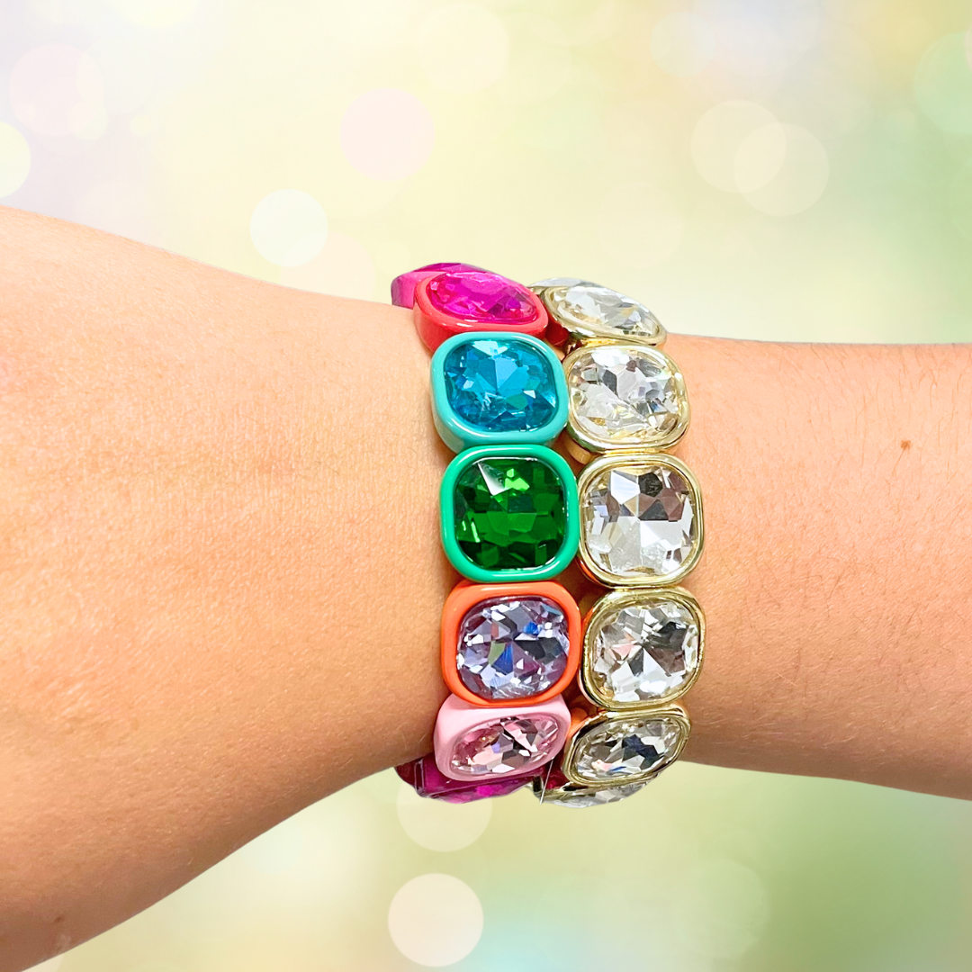 Heel Yeah Boutique Frankie bracelet featuring vibrant rainbow and clear square crystal beads on a wrist