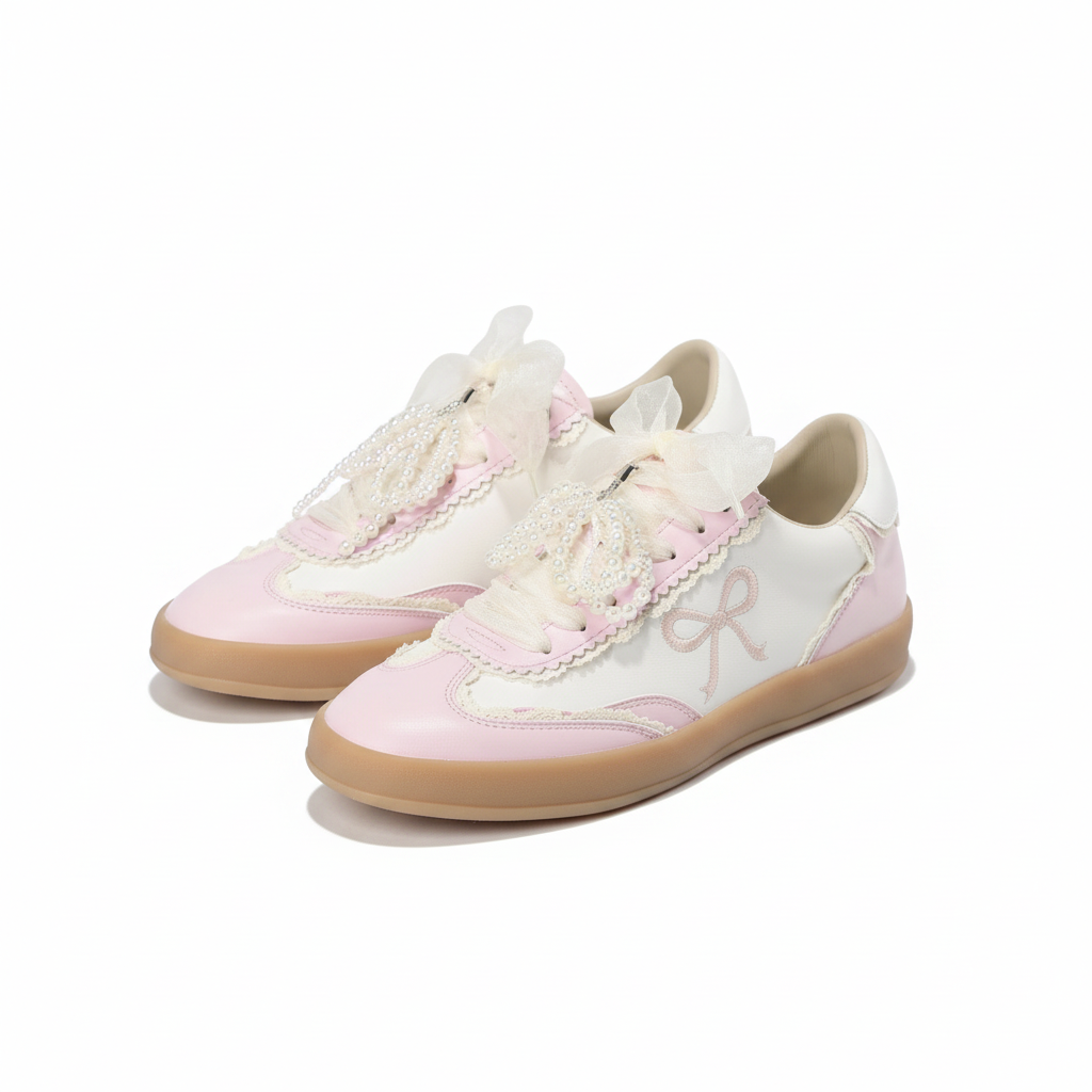 Heel Yeah Boutique Julie cream and pink sneakers with sheer ribbon laces, pearl accents, and embroidered bow motifs.