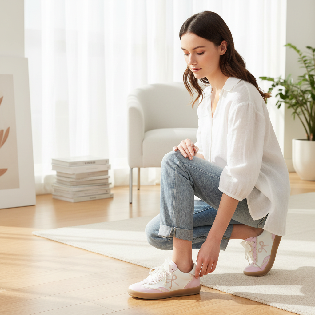 Heel Yeah Boutique Julie cream sneakers with ribbon laces, pearl accents, and bow embroidery worn by a woman