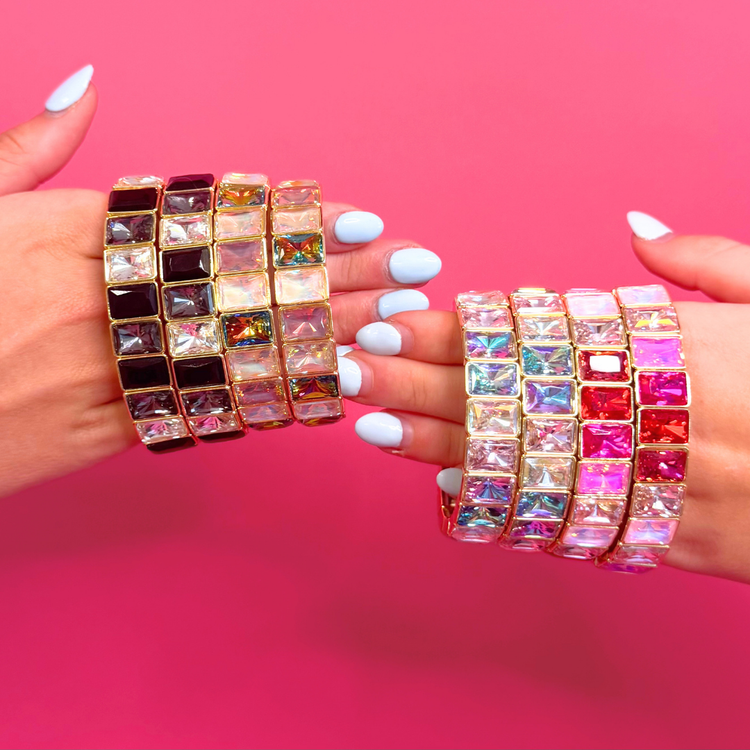 Heel Yeah Boutique Misty Bracelet set featuring multi-colored rectangular crystal stones in gold-tone settings.