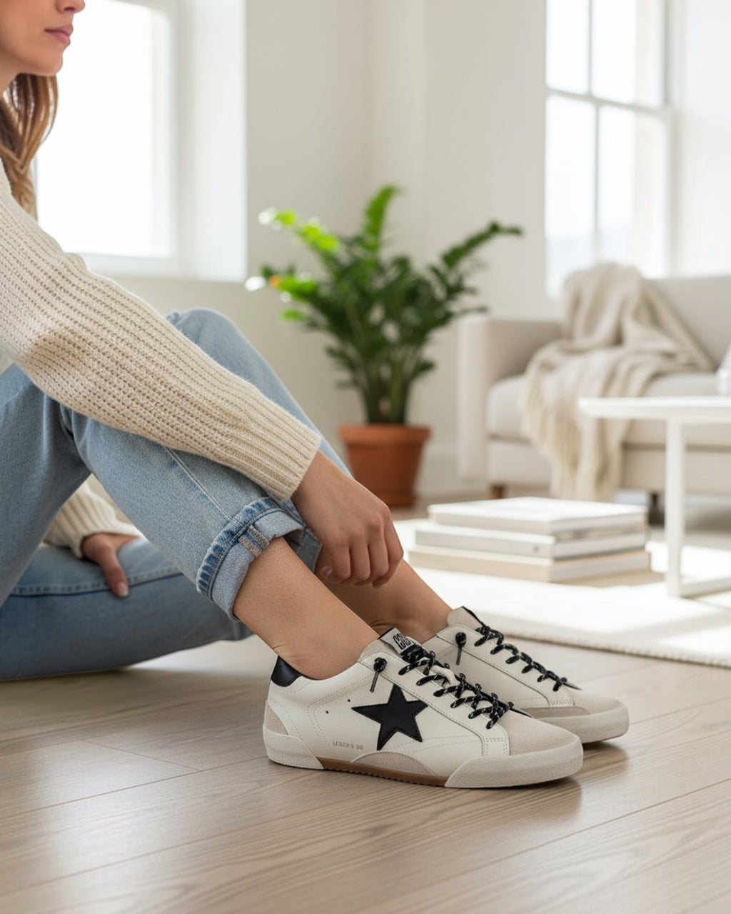 Heel Yeah Boutique Vintage Havana Legend sneakers in white leather and suede with a black star and slip-on design.